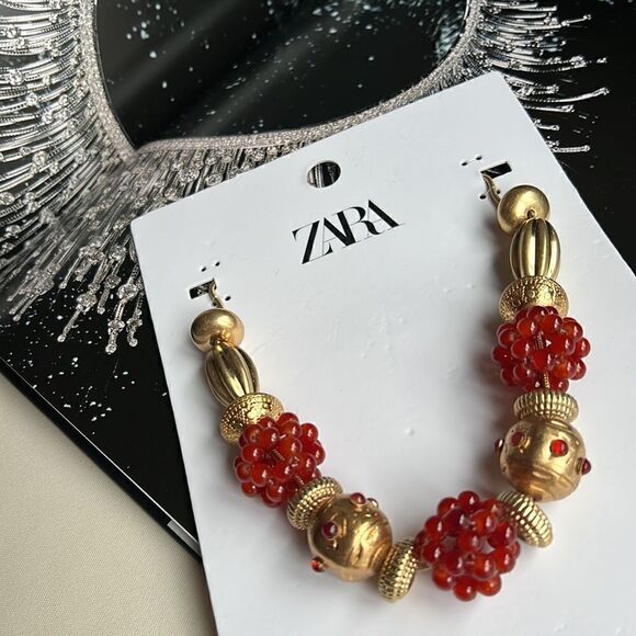 Zara Combination Bead and Stone Necklace Red and Gold - Picture 2 of 11